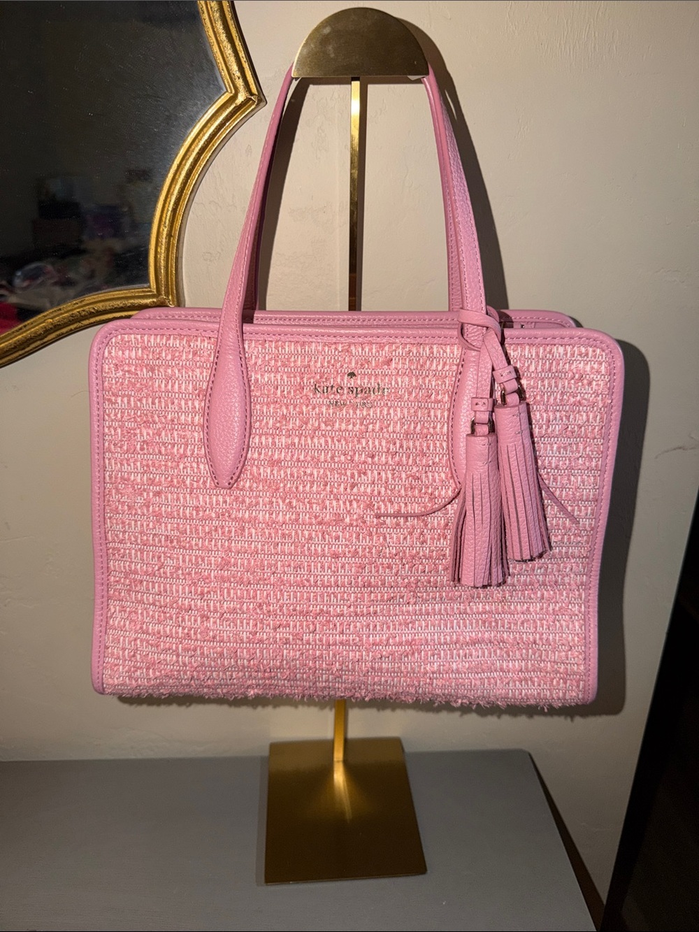 kate spade Pink Woven Tote with Tassel Charm